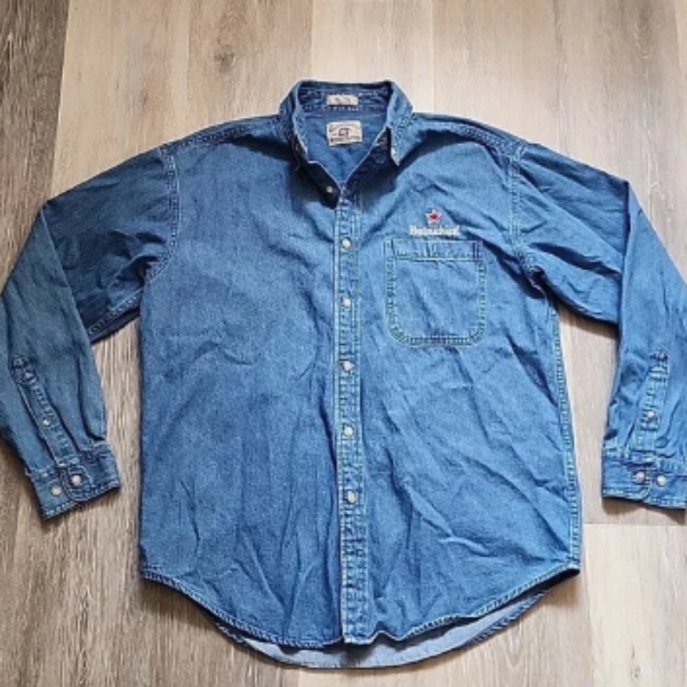 Rare ​VINTAGE Heineken Embroidered Denim Long Sleeve Cotton Button-Up Shirt Sz M